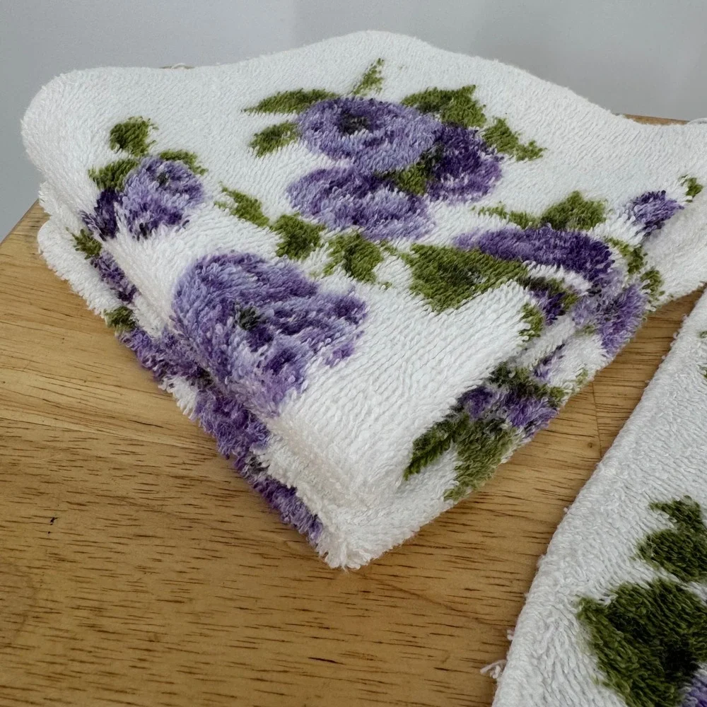 Vintage Cannon Purple Floral Washcloth Set 3pc White Cotton Made in USA Retro